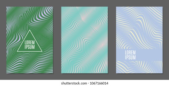 Abstract Backgrounds with Distortion of Geometric Shapes. Trendy Covers with Text and Gradient for Brochure, Magazine, Presentation, Book. Cover Design Templates Set with Wavy Stripes in Modern Style