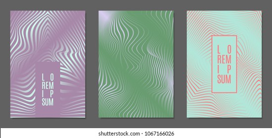 Abstract Backgrounds with Distortion of Geometric Shapes. Trendy Covers with Text and Gradient for Brochure, Magazine, Presentation, Book. Cover Design Templates Set with Wavy Stripes in Modern Style