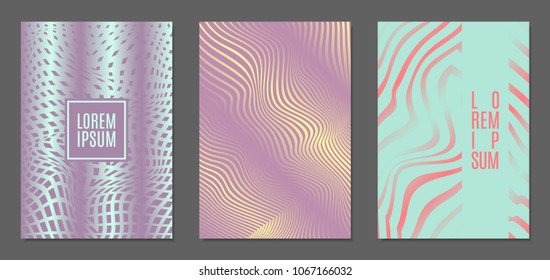 Abstract Backgrounds with Distortion of Geometric Shapes. Trendy Covers with Text and Gradient for Brochure, Magazine, Presentation, Book. Cover Design Templates Set with Wavy Stripes in Modern Style