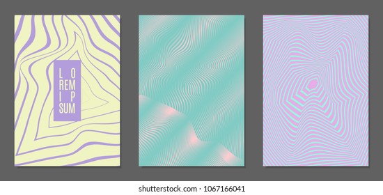 Abstract Backgrounds with Distortion of Geometric Shapes. Trendy Covers with Text and Gradient for Brochure, Magazine, Presentation, Book. Cover Design Templates Set with Wavy Stripes in Modern Style