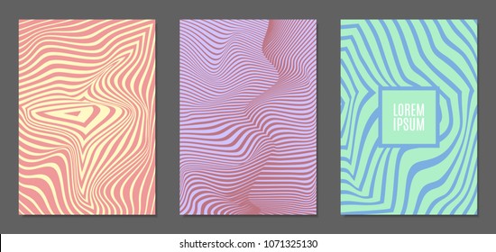 Abstract Backgrounds with Distortion of Geometric Shapes. Trendy Covers with Text and Gradient for Brochure, Magazine, Presentation, Book. Cover Design Templates Set with Wavy Stripes in Modern Style