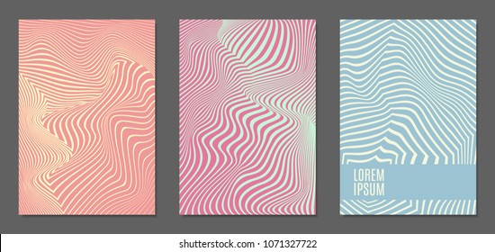 Abstract Backgrounds with Distortion of Geometric Shapes. Trendy Covers with Text and Gradient for Brochure, Magazine, Presentation, Book. Cover Design Templates Set with Wavy Stripes in Modern Style