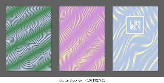 Abstract Backgrounds with Distortion of Geometric Shapes. Trendy Covers with Text and Gradient for Brochure, Magazine, Presentation, Book. Cover Design Templates Set with Wavy Stripes in Modern Style