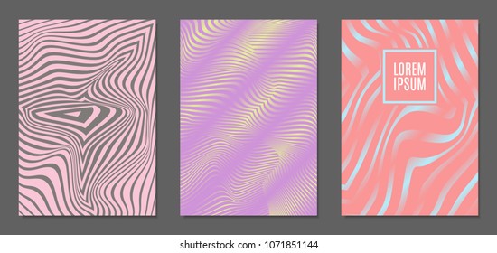Abstract Backgrounds with Distortion of Geometric Shapes. Trendy Covers with Text and Gradient for Brochure, Magazine, Presentation, Book. Cover Design Templates Set with Wavy Stripes in Modern Style
