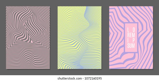 Abstract Backgrounds with Distortion of Geometric Shapes. Trendy Covers with Text and Gradient for Brochure, Magazine, Presentation, Book. Cover Design Templates Set with Wavy Stripes in Modern Style