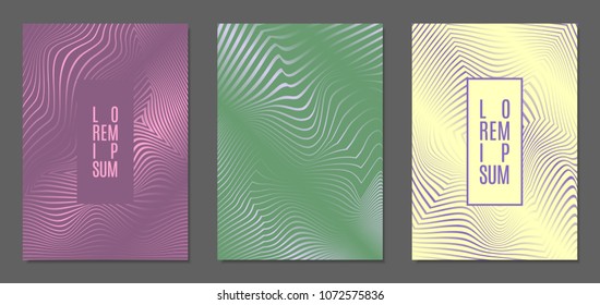 Abstract Backgrounds with Distortion of Geometric Shapes. Trendy Covers with Text and Gradient for Brochure, Magazine, Presentation, Book. Cover Design Templates Set with Wavy Stripes in Modern Style