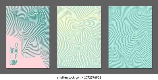 Abstract Backgrounds with Distortion of Geometric Shapes. Trendy Covers with Text and Gradient for Brochure, Magazine, Presentation, Book. Cover Design Templates Set with Wavy Stripes in Modern Style
