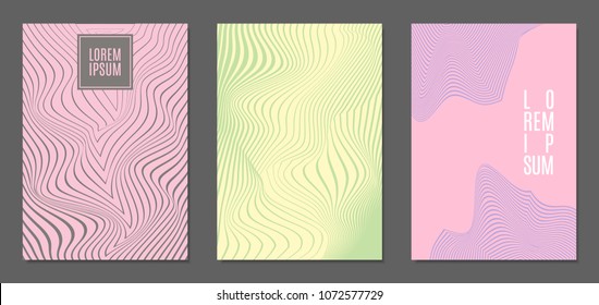 Abstract Backgrounds with Distortion of Geometric Shapes. Trendy Covers with Text and Gradient for Brochure, Magazine, Presentation, Book. Cover Design Templates Set with Wavy Stripes in Modern Style