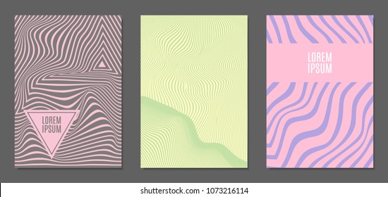 Abstract Backgrounds with Distortion of Geometric Shapes. Trendy Covers with Text and Gradient for Brochure, Magazine, Presentation, Book. Cover Design Templates Set with Wavy Stripes in Modern Style