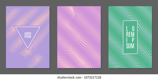 Abstract Backgrounds with Distortion of Geometric Shapes. Trendy Covers with Text and Gradient for Brochure, Magazine, Presentation, Book. Cover Design Templates Set with Wavy Stripes in Modern Style