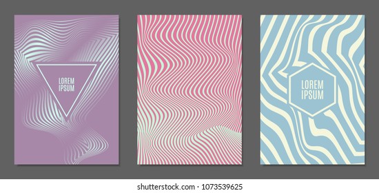 Abstract Backgrounds with Distortion of Geometric Shapes. Trendy Covers with Text and Gradient for Brochure, Magazine, Presentation, Book. Cover Design Templates Set with Wavy Stripes in Modern Style