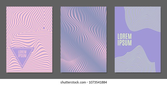 Abstract Backgrounds with Distortion of Geometric Shapes. Trendy Covers with Text and Gradient for Brochure, Magazine, Presentation, Book. Cover Design Templates Set with Wavy Stripes in Modern Style