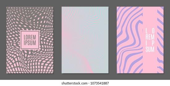 Abstract Backgrounds with Distortion of Geometric Shapes. Trendy Covers with Text and Gradient for Brochure, Magazine, Presentation, Book. Cover Design Templates Set with Wavy Stripes in Modern Style