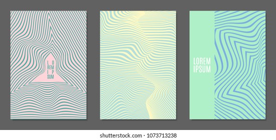 Abstract Backgrounds with Distortion of Geometric Shapes. Trendy Covers with Text and Gradient for Brochure, Magazine, Presentation, Book. Cover Design Templates Set with Wavy Stripes in Modern Style