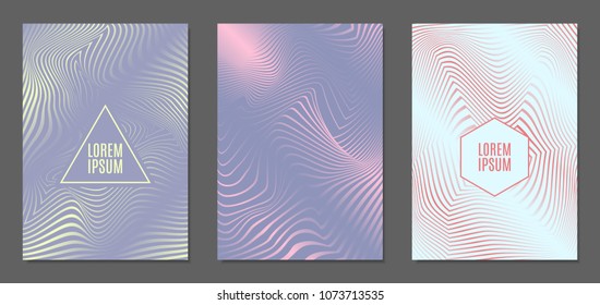 Abstract Backgrounds with Distortion of Geometric Shapes. Trendy Covers with Text and Gradient for Brochure, Magazine, Presentation, Book. Cover Design Templates Set with Wavy Stripes in Modern Style