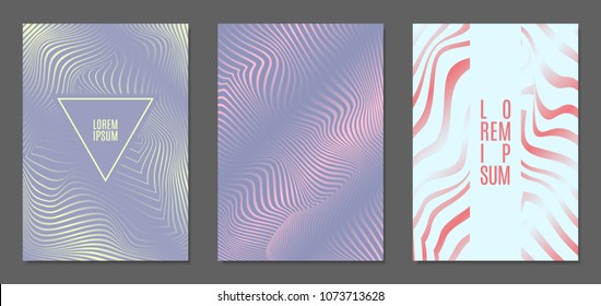 Abstract Backgrounds with Distortion of Geometric Shapes. Trendy Covers with Text and Gradient for Brochure, Magazine, Presentation, Book. Cover Design Templates Set with Wavy Stripes in Modern Style