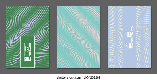 Abstract Backgrounds with Distortion of Geometric Shapes. Trendy Covers with Text and Gradient for Brochure, Magazine, Presentation, Book. Cover Design Templates Set with Wavy Stripes in Modern Style