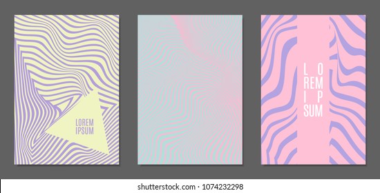 Abstract Backgrounds with Distortion of Geometric Shapes. Trendy Covers with Text and Gradient for Brochure, Magazine, Presentation, Book. Cover Design Templates Set with Wavy Stripes in Modern Style