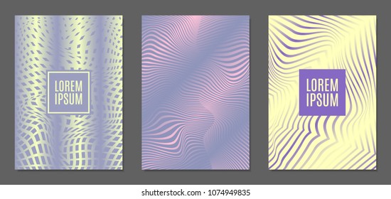Abstract Backgrounds with Distortion of Geometric Shapes. Trendy Covers with Text and Gradient for Brochure, Magazine, Presentation, Book. Cover Design Templates Set with Wavy Stripes in Modern Style
