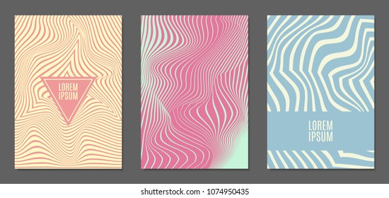 Abstract Backgrounds with Distortion of Geometric Shapes. Trendy Covers with Text and Gradient for Brochure, Magazine, Presentation, Book. Cover Design Templates Set with Wavy Stripes in Modern Style