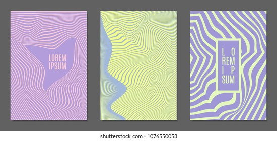 Abstract Backgrounds with Distortion of Geometric Shapes. Trendy Covers with Text and Gradient for Brochure, Magazine, Presentation, Book. Cover Design Templates Set with Wavy Stripes in Modern Style