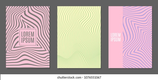 Abstract Backgrounds with Distortion of Geometric Shapes. Trendy Covers with Text and Gradient for Brochure, Magazine, Presentation, Book. Cover Design Templates Set with Wavy Stripes in Modern Style
