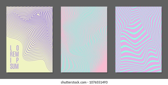Abstract Backgrounds with Distortion of Geometric Shapes. Trendy Covers with Text and Gradient for Brochure, Magazine, Presentation, Book. Cover Design Templates Set with Wavy Stripes in Modern Style