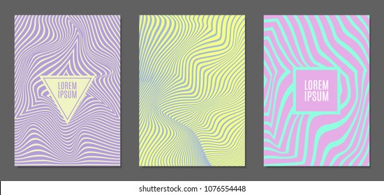 Abstract Backgrounds with Distortion of Geometric Shapes. Trendy Covers with Text and Gradient for Brochure, Magazine, Presentation, Book. Cover Design Templates Set with Wavy Stripes in Modern Style