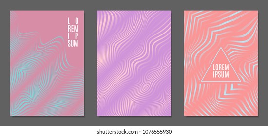 Abstract Backgrounds with Distortion of Geometric Shapes. Trendy Covers with Text and Gradient for Brochure, Magazine, Presentation, Book. Cover Design Templates Set with Wavy Stripes in Modern Style