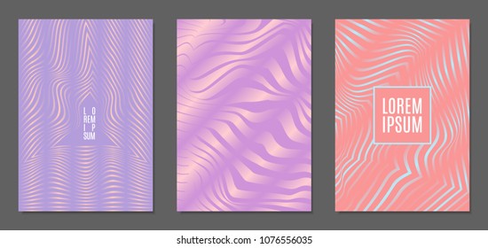 Abstract Backgrounds with Distortion of Geometric Shapes. Trendy Covers with Text and Gradient for Brochure, Magazine, Presentation, Book. Cover Design Templates Set with Wavy Stripes in Modern Style