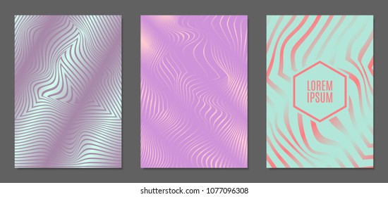 Abstract Backgrounds with Distortion of Geometric Shapes. Trendy Covers with Text and Gradient for Brochure, Magazine, Presentation, Book. Cover Design Templates Set with Wavy Stripes in Modern Style