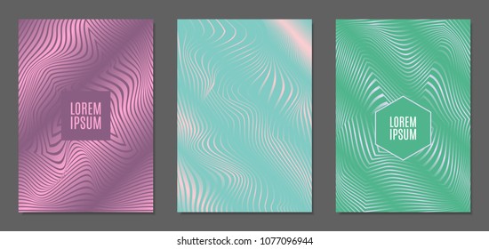 Abstract Backgrounds with Distortion of Geometric Shapes. Trendy Covers with Text and Gradient for Brochure, Magazine, Presentation, Book. Cover Design Templates Set with Wavy Stripes in Modern Style