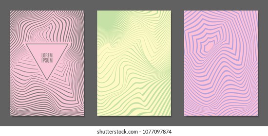 Abstract Backgrounds with Distortion of Geometric Shapes. Trendy Covers with Text and Gradient for Brochure, Magazine, Presentation, Book. Cover Design Templates Set with Wavy Stripes in Modern Style