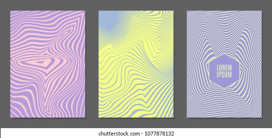 Abstract Backgrounds with Distortion of Geometric Shapes. Trendy Covers with Text and Gradient for Brochure, Magazine, Presentation, Book. Cover Design Templates Set with Wavy Stripes in Modern Style