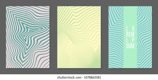 Abstract Backgrounds with Distortion of Geometric Shapes. Trendy Covers with Text and Gradient for Brochure, Magazine, Presentation, Book. Cover Design Templates Set with Wavy Stripes in Modern Style