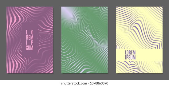 Abstract Backgrounds with Distortion of Geometric Shapes. Trendy Covers with Text and Gradient for Brochure, Magazine, Presentation, Book. Cover Design Templates Set with Wavy Stripes in Modern Style