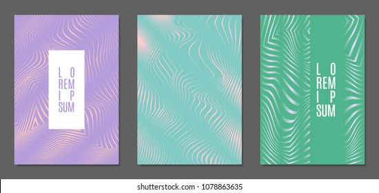 Abstract Backgrounds with Distortion of Geometric Shapes. Trendy Covers with Text and Gradient for Brochure, Magazine, Presentation, Book. Cover Design Templates Set with Wavy Stripes in Modern Style
