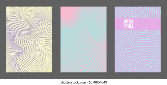 Abstract Backgrounds with Distortion of Geometric Shapes. Trendy Covers with Text and Gradient for Brochure, Magazine, Presentation, Book. Cover Design Templates Set with Wavy Stripes in Modern Style