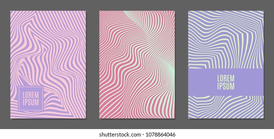 Abstract Backgrounds with Distortion of Geometric Shapes. Trendy Covers with Text and Gradient for Brochure, Magazine, Presentation, Book. Cover Design Templates Set with Wavy Stripes in Modern Style