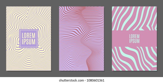 Abstract Backgrounds with Distortion of Geometric Shapes. Trendy Covers with Text and Gradient for Brochure, Magazine, Presentation, Book. Cover Design Templates Set with Wavy Stripes in Modern Style