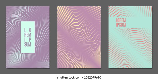 Abstract Backgrounds with Distortion of Geometric Shapes. Trendy Covers with Text and Gradient for Brochure, Magazine, Presentation, Book. Cover Design Templates Set with Wavy Stripes in Modern Style