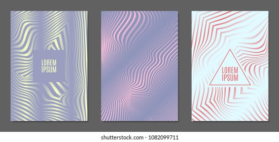 Abstract Backgrounds with Distortion of Geometric Shapes. Trendy Covers with Text and Gradient for Brochure, Magazine, Presentation, Book. Cover Design Templates Set with Wavy Stripes in Modern Style