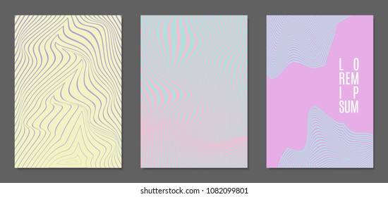 Abstract Backgrounds with Distortion of Geometric Shapes. Trendy Covers with Text and Gradient for Brochure, Magazine, Presentation, Book. Cover Design Templates Set with Wavy Stripes in Modern Style