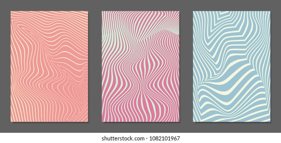 Abstract Backgrounds with Distortion of Geometric Shapes. Trendy Covers with Text and Gradient for Brochure, Magazine, Presentation, Book. Cover Design Templates Set with Wavy Stripes in Modern Style