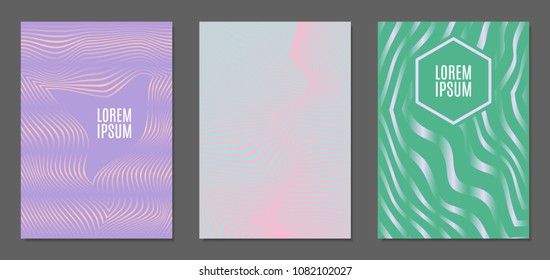 Abstract Backgrounds with Distortion of Geometric Shapes. Trendy Covers with Text and Gradient for Brochure, Magazine, Presentation, Book. Cover Design Templates Set with Wavy Stripes in Modern Style