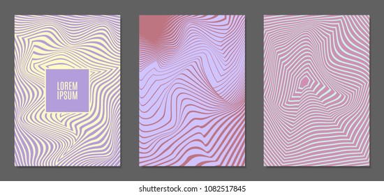 Abstract Backgrounds with Distortion of Geometric Shapes. Trendy Covers with Text and Gradient for Brochure, Magazine, Presentation, Book. Cover Design Templates Set with Wavy Stripes in Modern Style