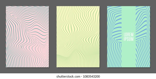 Abstract Backgrounds with Distortion of Geometric Shapes. Trendy Covers with Text and Gradient for Brochure, Magazine, Presentation, Book. Cover Design Templates Set with Wavy Stripes in Modern Style