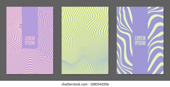 Abstract Backgrounds with Distortion of Geometric Shapes. Trendy Covers with Text and Gradient for Brochure, Magazine, Presentation, Book. Cover Design Templates Set with Wavy Stripes in Modern Style
