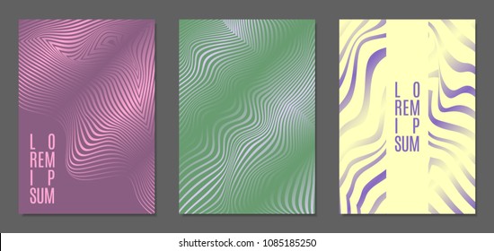 Abstract Backgrounds with Distortion of Geometric Shapes. Trendy Covers with Text and Gradient for Brochure, Magazine, Presentation, Book. Cover Design Templates Set with Wavy Stripes in Modern Style