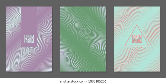 Abstract Backgrounds with Distortion of Geometric Shapes. Trendy Covers with Text and Gradient for Brochure, Magazine, Presentation, Book. Cover Design Templates Set with Wavy Stripes in Modern Style